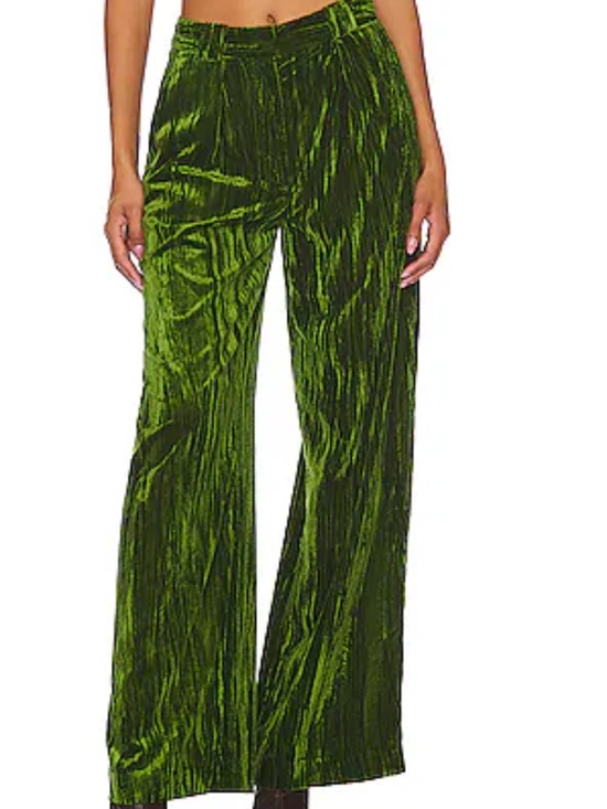 NBD Pants - NBD Crinkled Velvet Pleated Trousers in Juniper Green